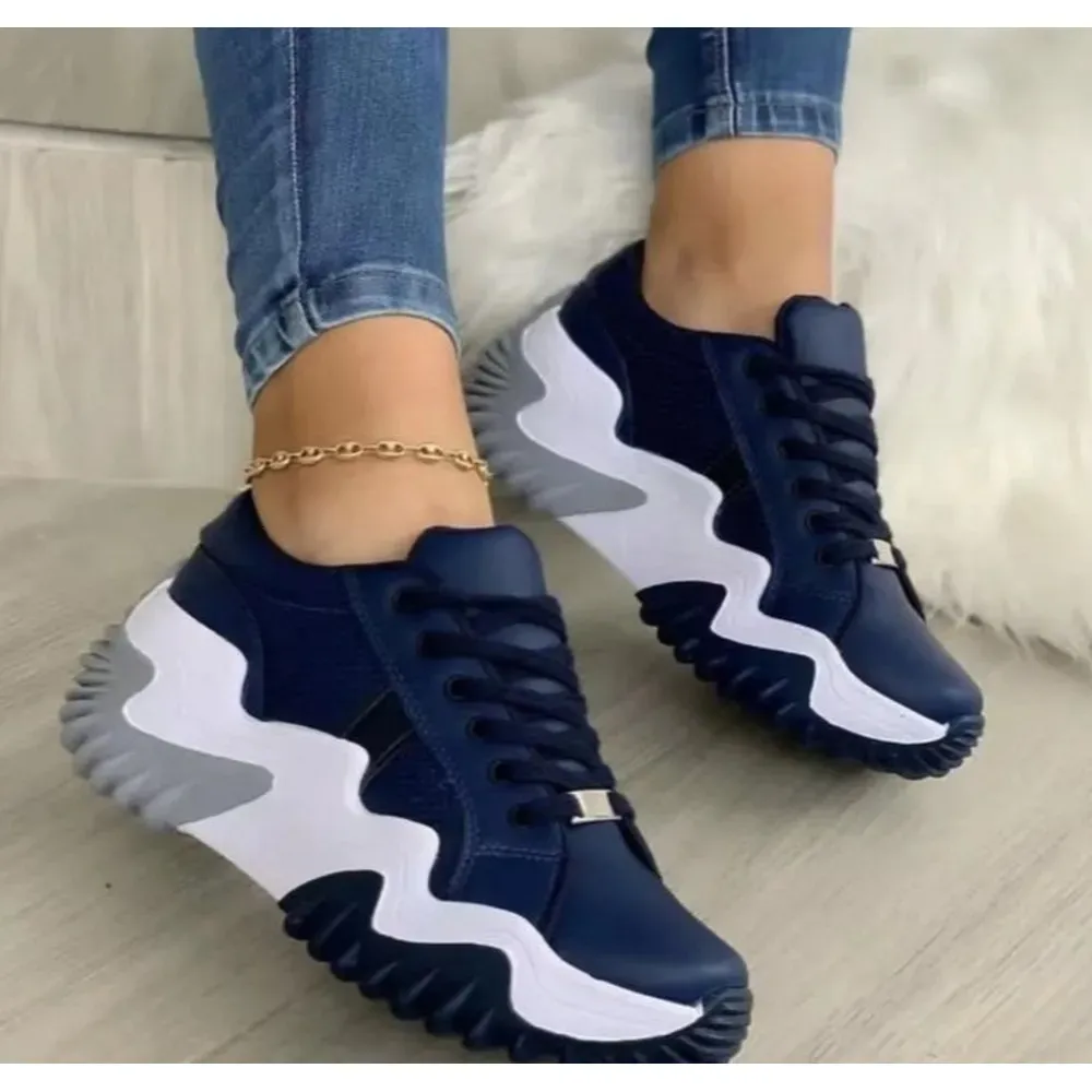 Womens Black White Wavy Chunky Platform Sneakers Non Slip Lace Up Casual Street Shoes_desvips.com