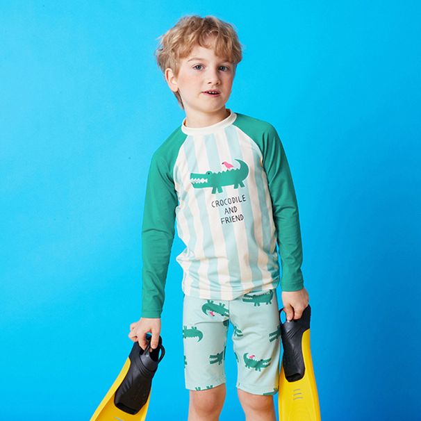 2024 New Children's Two-Piece Long Sleeve Green Crocodile Quick-Dry Hot Spring Swimsuit With Swim Cap For Older And Baby_desvips.com