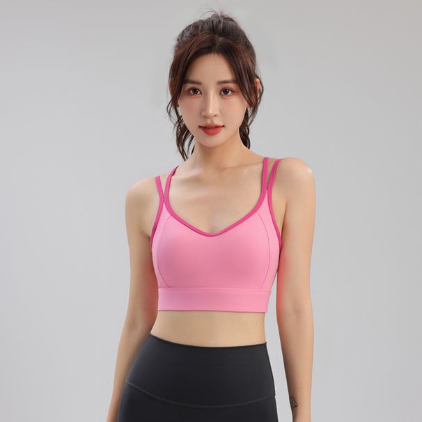 Color Block Splicing Thin Strap Sports For Women Running Shockproof Cross Back One-Piece Outerwear Yoga Bra Summer_desvips.com