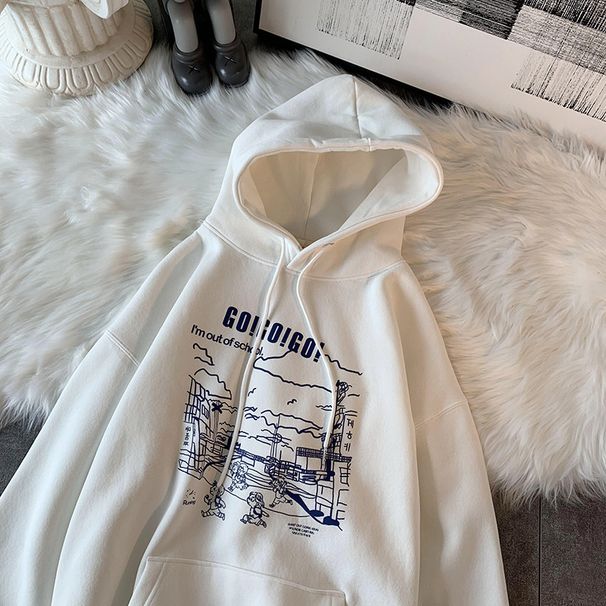 European And American Street Chic Hooded Sweatshirt For Women 2024, Fleece-lined, Thickened, Loose-fitting, Korean_desvips.com