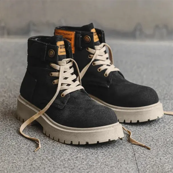 Breathable Winter Denim Ankle Retro Work Boots Platform Mens Casual Handmade High Top Shoes 241105_desvips.com