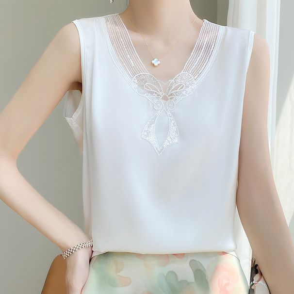 Silk Satin 2024 Summer Women's New V-neck Mesh Patchwork T-shirt, Solid Color Versatile Top, Korean Style Sleeveless_desvips.com