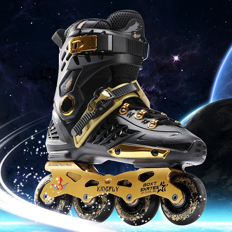 Adult Straight Men's And Women's Black Gold Flat Flower Single Row Roller Skating Shoes Beginner's Study_desvips.com
