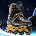 Adult Straight Men's And Women's Black Gold Flat Flower Single Row Roller Skating Shoes Beginner's Study_desvips.com