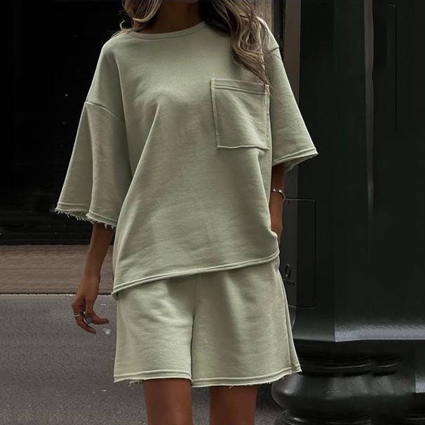 2026 Cross-Border European And American Casual Women's Summer Outfit Solid Color Round Neck Short Sleeve Elastic Sports_desvips.com