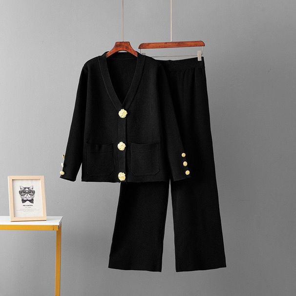 Socialite High-End Autumn Winter New Coat Cardigan Wide-Leg Pants Knitted Two-Piece Set Deep V Sexy Women's Suit Plus_desvips.com