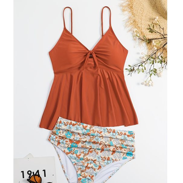 Plus Size Swim Dress With Bikini Bottoms - Modest & Sexy Two-Piece Swimsuit (Tummy Control Floral Print High Waist UPF 50+ Beach & Pool)_desvips.com