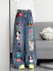 Cute Cartoon Patchwork Wide Leg Jeans For Women, High Waist Loose Baggy Denim Pants, 90s Streetwear Casual Trousers For Everyday & Vacatio Jeans Donna_desvips.com