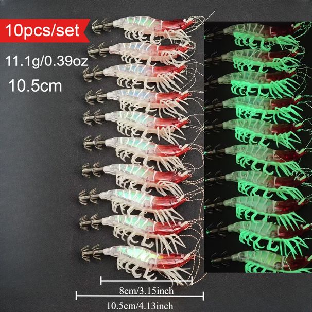 10pcs/set Horizontal Shrimp Squid Jigs 10.5cm Luminous Silicone Prawn Lures With Glowing Legs Saltwater Octopus EGI_desvips.com