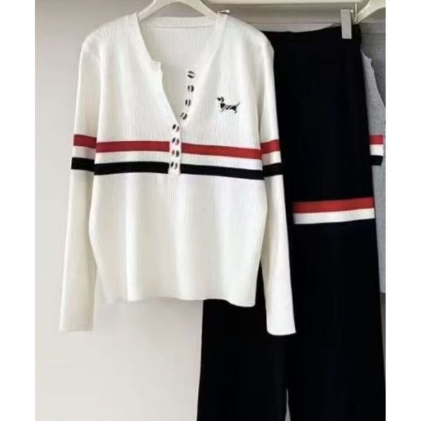 2025 Autumn Winter New Long Sleeve T-Shirt Striped Cardigan Knitted Sweater Two-Piece Set Wide-Leg Pants Plus Size_desvips.com