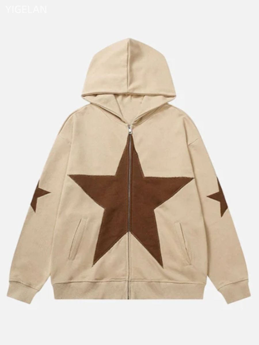 Street oversized loose fitting women's pentagonal star patch embroidered printed hoodie personality zipper sweater men's_desvips.com