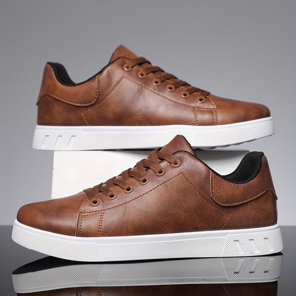 Men' PU Leather Lace-up Skateboard Shoe, Trendy Comfortable Lightweight Non-lip Outdoor Shoe Walking Jogging_desvips.com