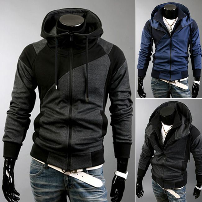 Men's Clothing Autumn and Winter New Men's Personality Colorblock Double Zipper Hooded Cardigan Slim Sweater 702_desvips.com