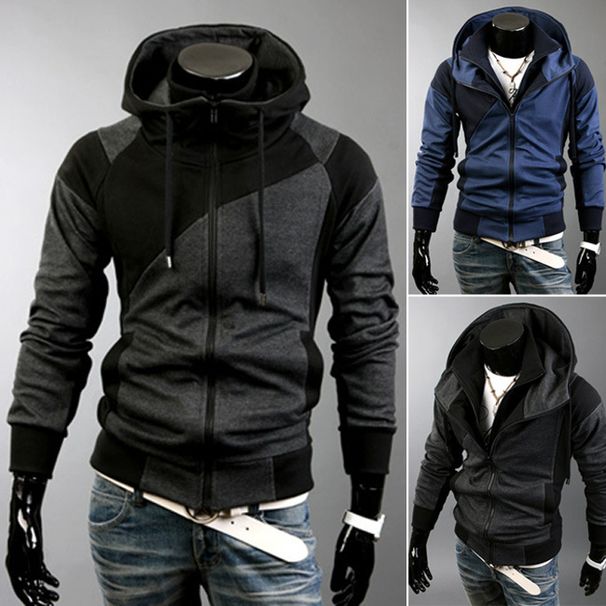 Men's Clothing Autumn and Winter New Men's Personality Colorblock Double Zipper Hooded Cardigan Slim Sweater 702_desvips.com