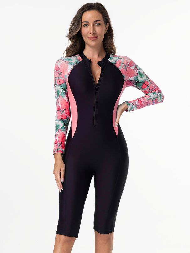 Plus Size One-Piece Zipper Sports Swimsuit For Women, Long Sleeve Swimsuit, European And American Style Surfing Boxer_desvips.com