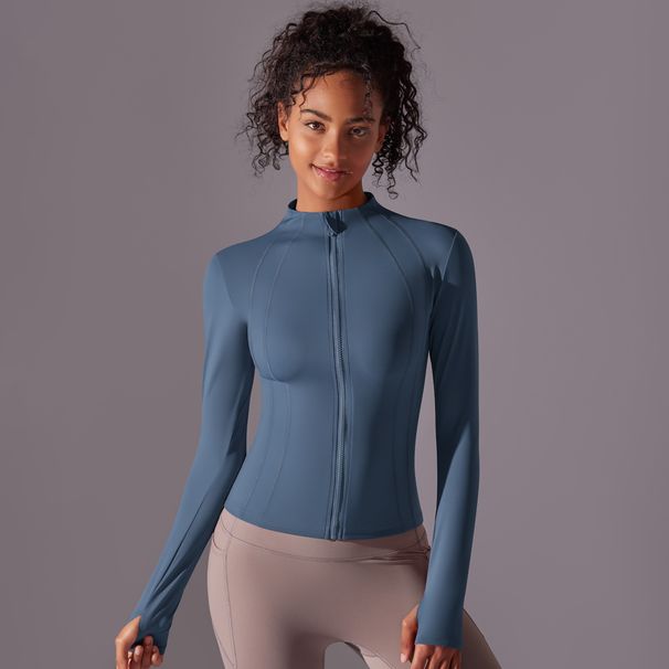 New Solid Color Slim Fit Stand Collar Zipper Sleeve Jacket Brushed Sports Running Fitness Long Yoga Top For Women_desvips.com