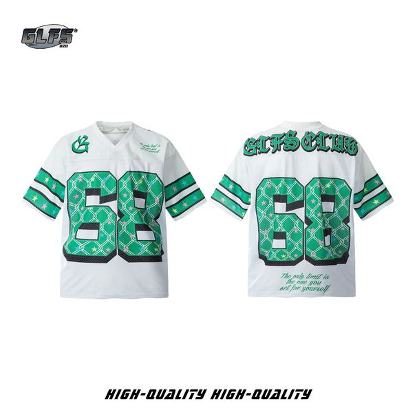 Clothing American Football Loose Mesh Graffiti Jersey Short T Shirt Men's V Neck Hip Hop Top Half Sleeve_desvips.com