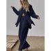 Women's Clothing long sleeved temperament commuter skin color linen solid color slit long shirt and wide leg pants set_desvips.com