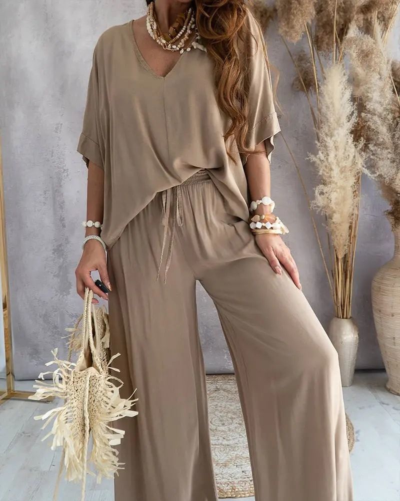 Women's Clothing V neck bat sleeve top casual pants set_desvips.com