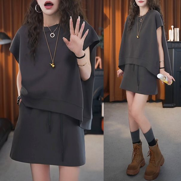Fashion Casual Loose Plus Size Two-Piece 2025 Summer New Sports High-Waisted A-Line Skirt Set Wholesale_desvips.com