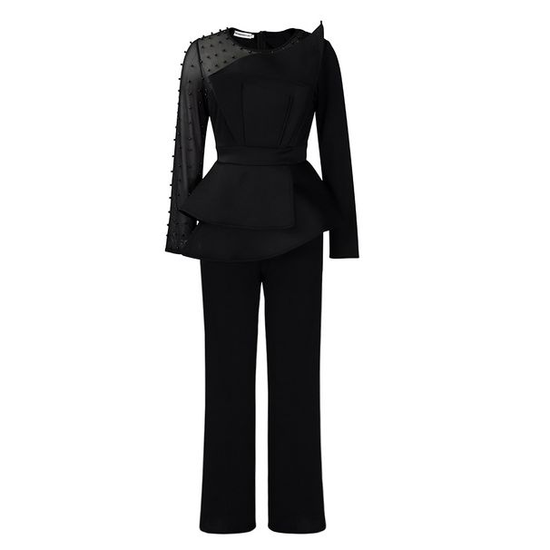 Women's Clothing long-sleeved temperament mesh stitching beading slimming banquet large size_desvips.com