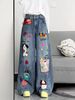 Cute Cartoon Patchwork Wide Leg Jeans For Women, High Waist Loose Baggy Denim Pants, 90s Streetwear Casual Trousers For Everyday & Vacatio Jeans Donna_desvips.com