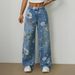 Boho Floral Print Wide Leg Denim Jeans, High Waist Loose Fit Light Wash Pants, Fashion Casual Trousers For Summer, Travel & Streetwear Jeans Donna_desvips.com