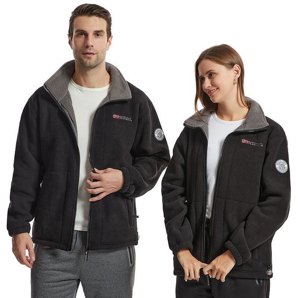 Premium Double-Layer Fleece Jacket For Men & Women - Warm Winter Windproof Reversible Stand Collar Coat With Zipper Closure (Black, Dark Grey)_desvips.com