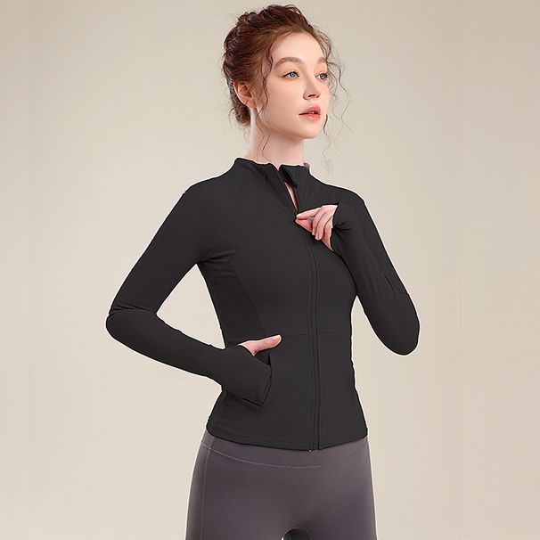Stand Collar Slim Fit Waist-Cinching Slimming Yoga Shirt For Women, Comfortable Zipper Windproof Sports Top, Long Sleeve_desvips.com