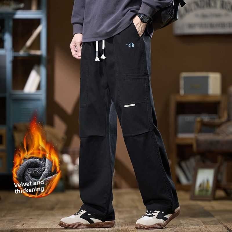 Autumn And Winter Couple Retro Straight-leg Outdoor Cotton And Velvet Thickened Overalls Trousers With Classic Embroidered Logo_desvips.com