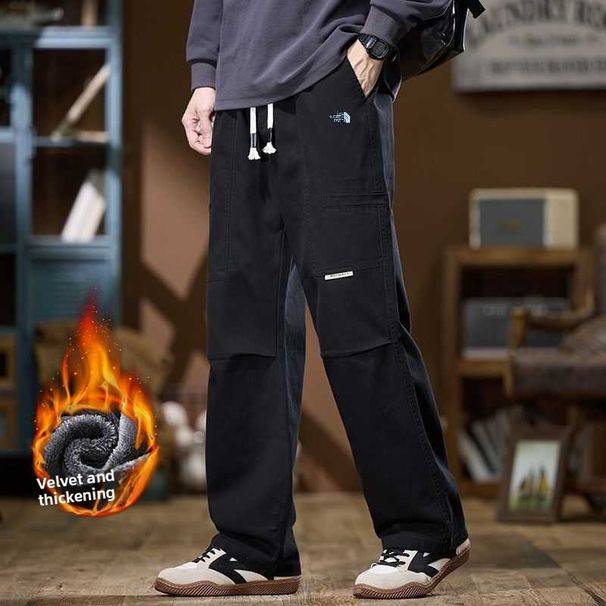 Autumn And Winter Couple Retro Straight-leg Outdoor Cotton And Velvet Thickened Overalls Trousers With Classic Embroidered Logo_desvips.com