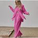 Women's Clothing long sleeved temperament commuter skin color linen solid color slit long shirt and wide leg pants set_desvips.com