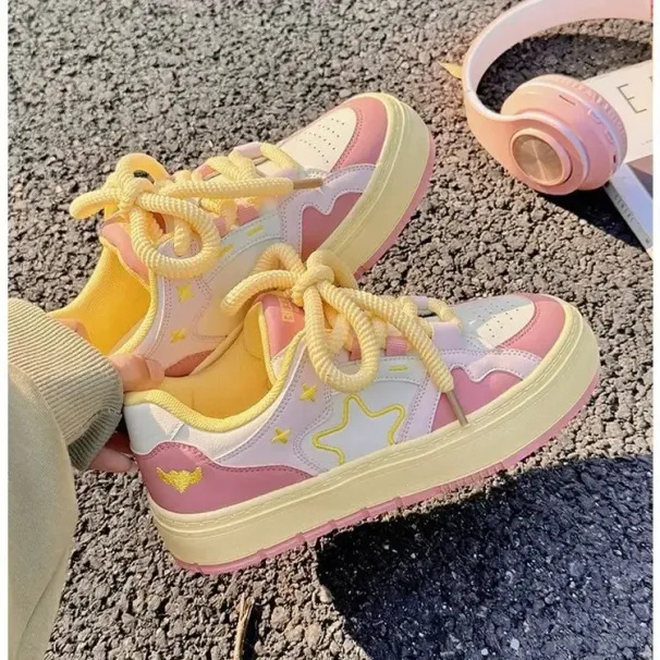 SHANPA Sweet Pink Womens Sports Korean Style Fashion Kawaii Patchwork Women Sneakers Casual Lightweight Lace Shoes_desvips.com