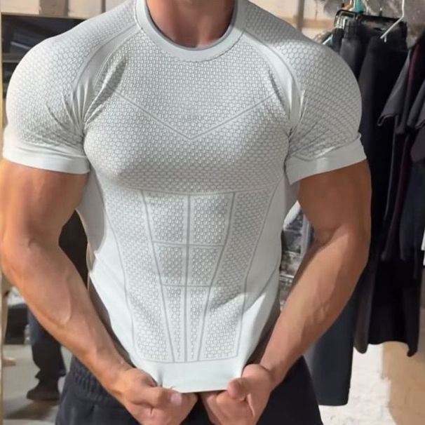 2026 Summer New Men's Sports T-Shirt Youth Seamless Jacquard Short-Sleeve Compression Quick-Dry Tight Training Top_desvips.com