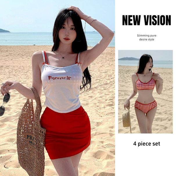 New Style Spaghetti Strap Petite High-end Stunning Four-piece Skirted Swimsuit Set For Vacation And Seaside, Women's_desvips.com