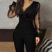 Women's Clothing new solid color V neck mesh slim long sleeved jumpsuit trousers large stock_desvips.com