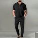 2025 Spring And Autumn New Men's Solid Color Suit Waffle Collar Short Sleeve Zipper Long Pants Set_desvips.com