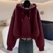 Dark Brown Casual Short Sweatshirt For Women, Fleece-Lined, 2026 New Spring Autumn Winter Solid Color Hooded Jacket_desvips.com