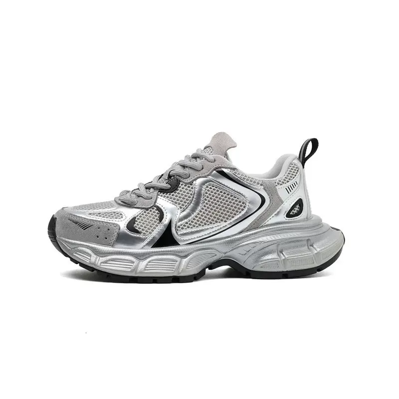Women Silver Pink Retro Chunky Sneakers Mesh Patchwork Platform Dad Shoes_desvips.com