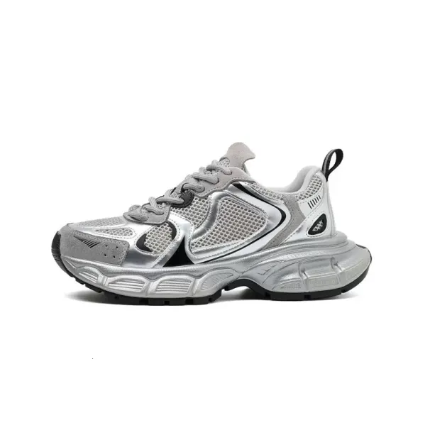 Women Silver Pink Retro Chunky Sneakers Mesh Patchwork Platform Dad Shoes_desvips.com
