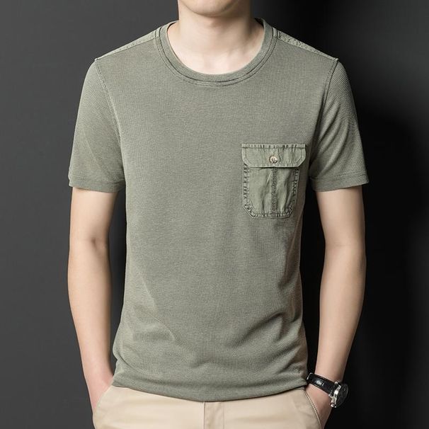 Middle-aged Men's Short-sleeve T-shirt, Round Neck, Real Pocket, Solid Color, Business Style, Vintage Washed, Retro_desvips.com