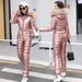 Women's Winter Jacket With Faux Fur Hood, Long Puffer Coat, Shiny Ski Coat, Slim Fit, Detachable Hood, Warm Polyester Filling_desvips.com