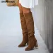 Fashionable Casual Retro Long Knee Denim Square High Heels Boots Bottes Womens Botas De Mujer Atos 240911_desvips.com