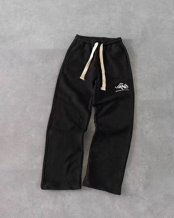 2025 New Trendy Line Art English Drawstring Wide-Leg White Black Youth Pants_desvips.com