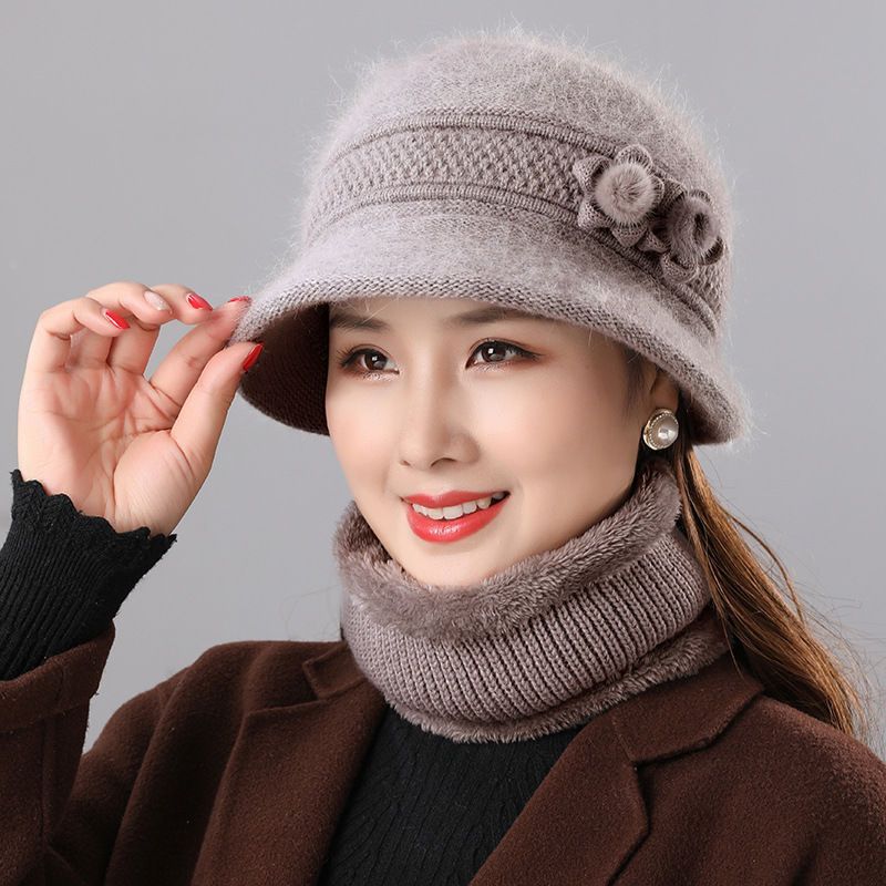 Warm Rabbit Fur For Middle-aged Elderly Women, Autumn And Scarf Two-piece Set, Granny Winter Bucket Hat_desvips.com
