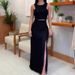 Women's Solid Color Round Neck Sleeveless Top High Waist Slit Skirt Suit_desvips.com