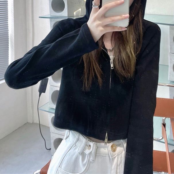 Short Hoodie For Women 2021 New Style Spring And Autumn Student Hooded Cardigan Zipper Top Jacket_desvips.com