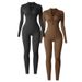 European Style Coarse Thread One-Piece Sports Yoga Suit For Women With Zipper, Stand Collar, Long Sleeves, Thumb Holes,_desvips.com