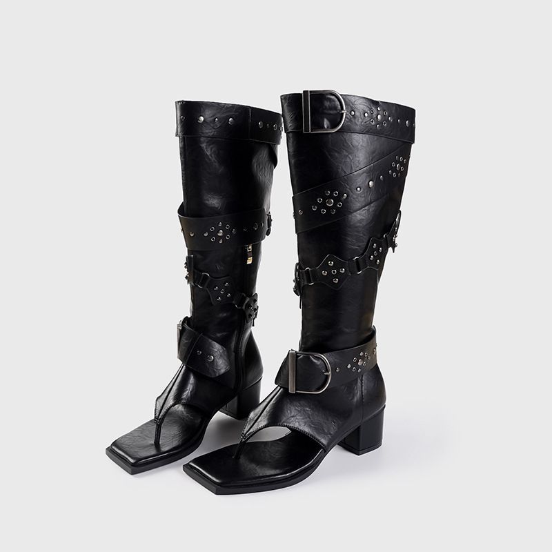 Stylish Vintage Woman Slip On Square Split Toe Leather High Heels Shoes Women Fashion Casual Rivet Boot Gothic Punk Rock_desvips.com