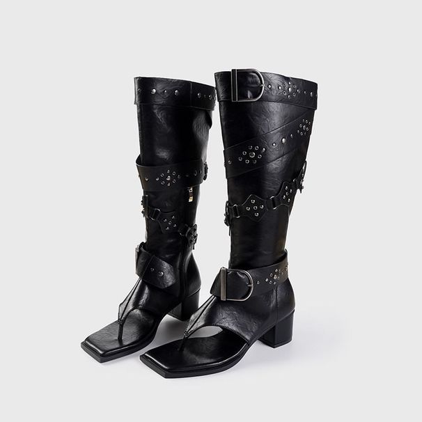Stylish Vintage Woman Slip On Square Split Toe Leather High Heels Shoes Women Fashion Casual Rivet Boot Gothic Punk Rock_desvips.com